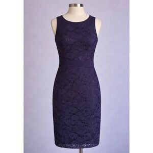 Ann Taylor Navy Blue Floral Lace Sheath Dress Sleeveless Gold Back Zip Size 2